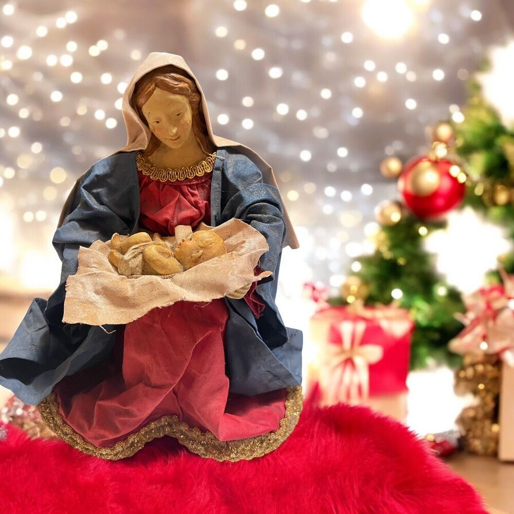 Painted Paper Mache Virgin Mary & Christ Child Dated 1985 VTG 7”
